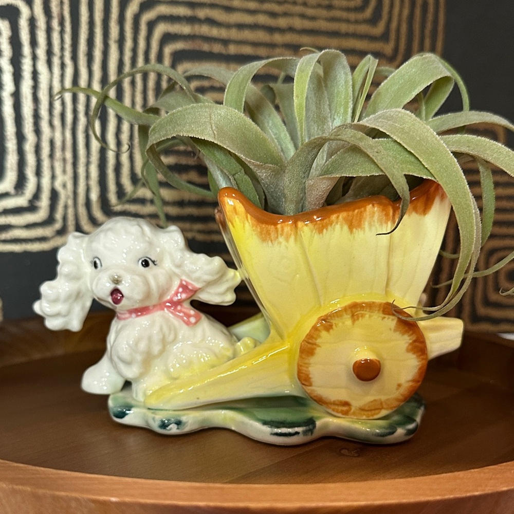 Vintage Ceramic Dog Planter with Yellow Cart